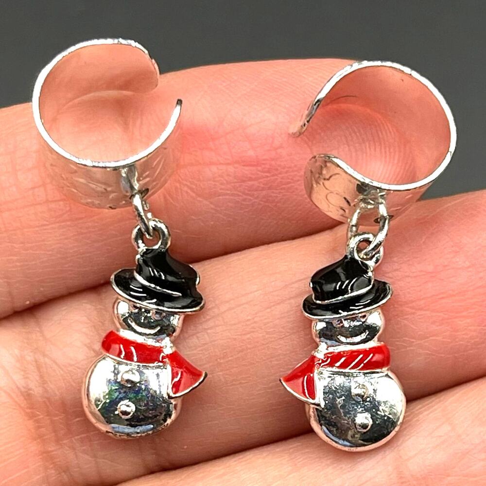 Avon Holiday Dangling Snowman Ear Cuffs Vtg 1" Silver Tone Signed